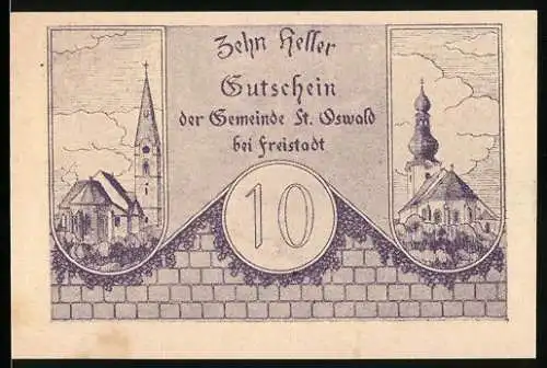 Notgeld St. Oswald 1920, 10 Heller, Kirche und Wappen mit Löwen und Turm