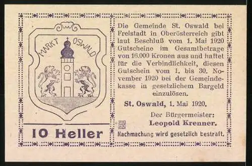 Notgeld St. Oswald 1920, 10 Heller, Kirche und Wappen mit Löwen und Turm