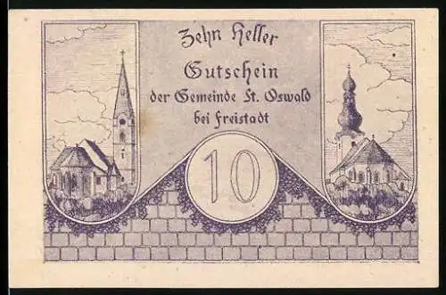 Notgeld St. Oswald 1920, 10 Heller, Kirchenmotive und Wappen, Bürgermeister Leopold Krenner