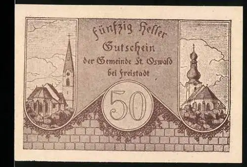 Notgeld St. Oswald 1920, 50 Heller, Kirchenmotive, Löwenwappen