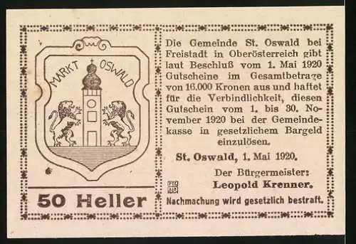 Notgeld St. Oswald 1920, 50 Heller, Kirchenmotive, Löwenwappen