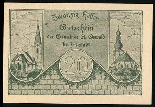 Notgeld St. Oswald 1920, 20 Heller, Kirchenmotive und Wappen mit Löwen und Turm