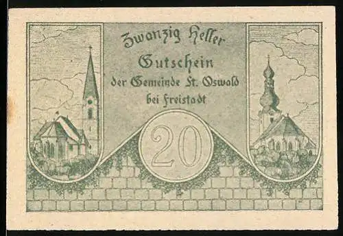 Notgeld St. Oswald 1920, 20 Heller, Kirchenmotive und Wappen mit Löwen und Turm