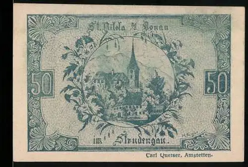 Notgeld St. Nikola an der Donau 1920, 50 Heller, Landschaft im Strudengau, Wappen