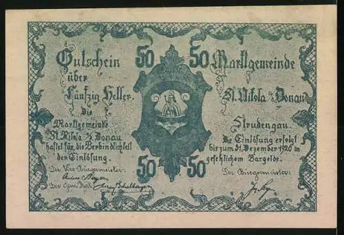 Notgeld St. Nikola an der Donau 1920, 50 Heller, Landschaft im Strudengau, Wappen