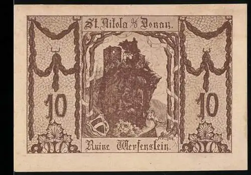 Notgeld St. Nikola a.D. 1921, 10 Heller, Ruine Werfenstein, Wappen