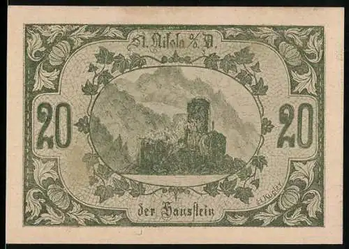 Notgeld St. Nikola 1920, 20 Heller, der Hausstein, Eichenlaubrahmen, Wappen mit Engel