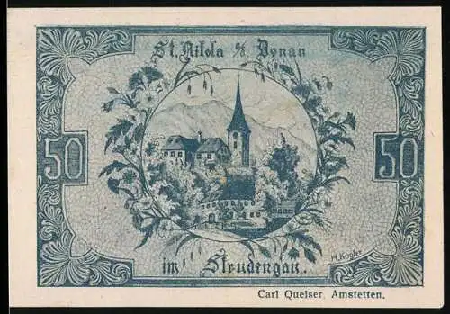 Notgeld St. Nikola an der Donau 1920, 50 Heller, Landschaftsmotiv mit Kirche und Bergen, Siegel und Unterschriften