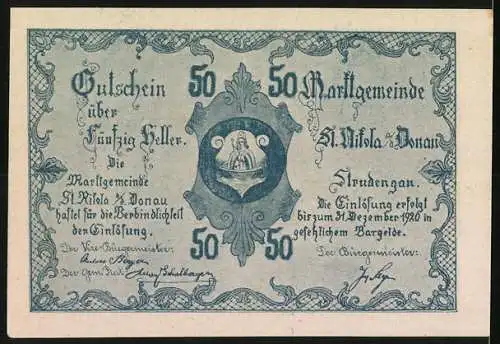 Notgeld St. Nikola an der Donau 1920, 50 Heller, Landschaftsmotiv mit Kirche und Bergen, Siegel und Unterschriften