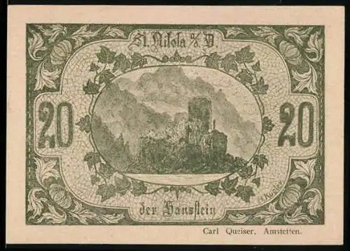 Notgeld St. Nikola 1920, 20 Heller, Burgruine im Wald, Wappen und Ornamente