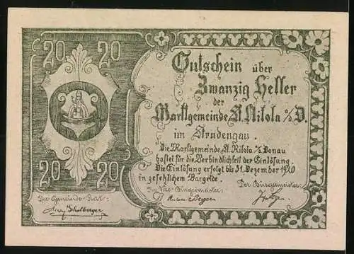 Notgeld St. Nikola 1920, 20 Heller, Burgruine im Wald, Wappen und Ornamente