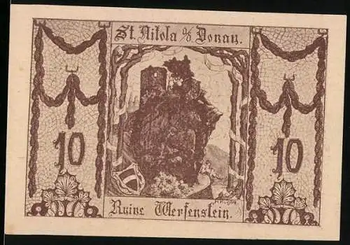 Notgeld St. Nikola an der Donau 1921, 10 Heller, Ruine Werfenstein, Inschrift und Verzierungen