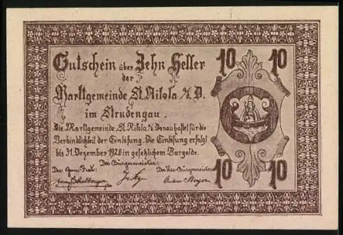 Notgeld St. Nikola an der Donau 1921, 10 Heller, Ruine Werfenstein, Inschrift und Verzierungen