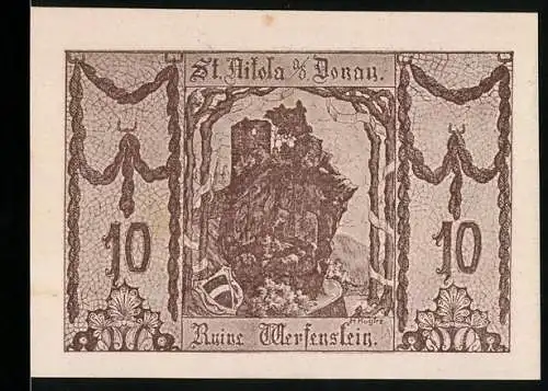 Notgeld St. Nikola a. d. Donau 1920, 10 Heller, Ruine Werfenstein, Wappen und dekorative Elemente