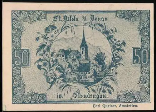 Notgeld St. Nikola an der Donau 1920, 50 Heller, Ortsansicht mit Kirche und Bergen, Wappen