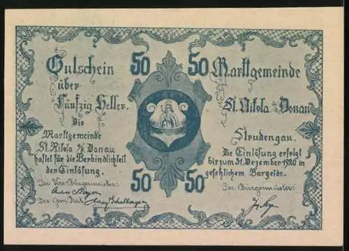 Notgeld St. Nikola an der Donau 1920, 50 Heller, Ortsansicht mit Kirche und Bergen, Wappen