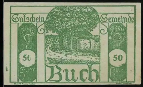 Notgeld Buch 1920, 50 Heller, Dorfszene mit Baum und Gebäude