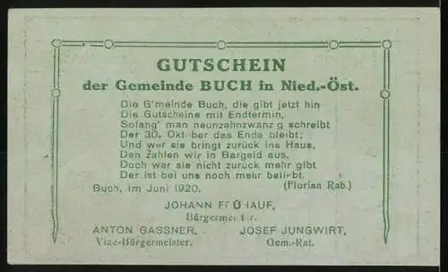 Notgeld Buch 1920, 50 Heller, Dorfszene mit Baum und Gebäude