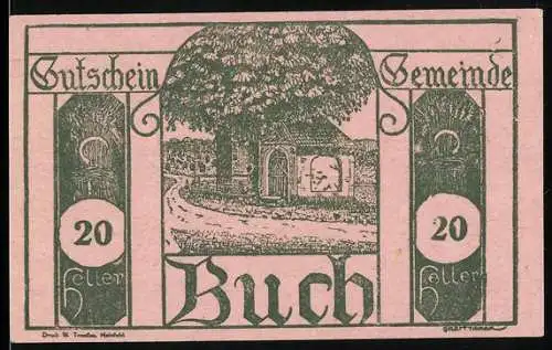 Notgeld Buch 1920, 20 Heller, ländliche Szene mit Kirche und Bäumen