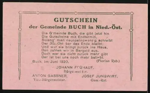 Notgeld Buch 1920, 20 Heller, ländliche Szene mit Kirche und Bäumen