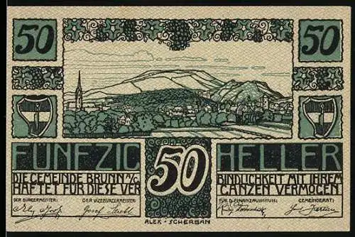 Notgeld Brunn 1920, 50 Heller, Landschaftsmotiv mit Kirche und Hügel, zwei Wappen, Seriennummer und Unterschriften