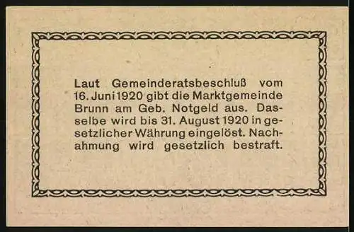 Notgeld Brunn 1920, 50 Heller, Landschaftsmotiv mit Kirche und Hügel, zwei Wappen, Seriennummer und Unterschriften