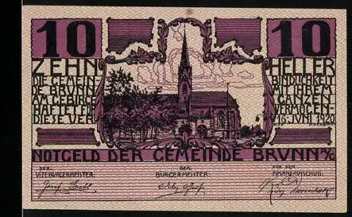 Notgeld Brunn 1920, 10 Heller, Kirche und Landschaftsmotiv, Beschluss vom 16. Juni 1920