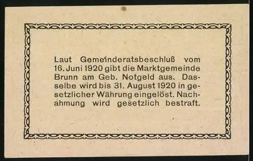 Notgeld Brunn 1920, 10 Heller, Kirche und Landschaftsmotiv, Beschluss vom 16. Juni 1920