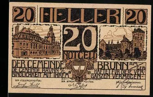 Notgeld Brunn 1920, 20 Heller, Rathaus und Schlossansicht, Wappen, Signaturen