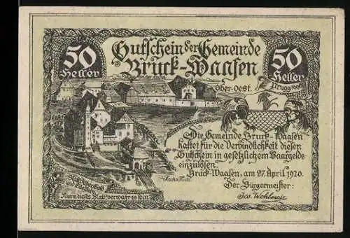 Notgeld Bruck-Waasen 1920, 50 Heller, Stadtansicht und Text über Gültigkeit und Verbindlichkeit