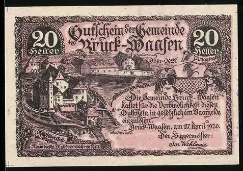 Notgeld Bruck-Waasen 1920, 20 Heller, Stadtansicht und Text, violetter Stempel