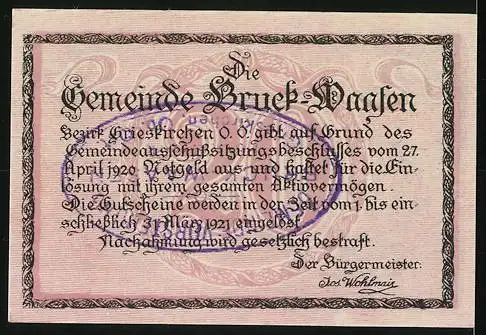 Notgeld Bruck-Waasen 1920, 20 Heller, Stadtansicht und Text, violetter Stempel