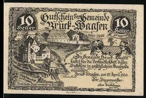 Notgeld Bruck-Waasen 1920, 10 Heller, Stadtansicht und dekorativer Rahmen