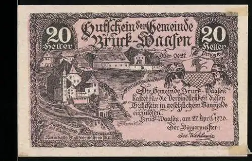 Notgeld Bruck-Waasen 1920, 20 Heller, Stadtansicht mit Gebäuden und Fluss, Gemeindesiegel