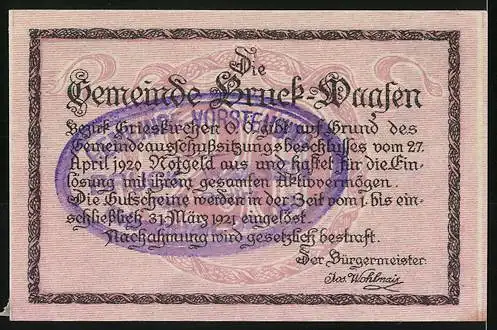 Notgeld Bruck-Waasen 1920, 20 Heller, Stadtansicht mit Gebäuden und Fluss, Gemeindesiegel