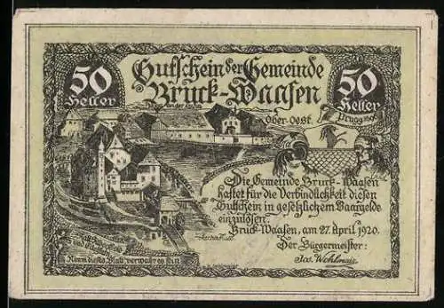 Notgeld Bruck-Waasen 1920, 50 Heller, Stadtansicht mit Burg und Fluss, violetter Stempel