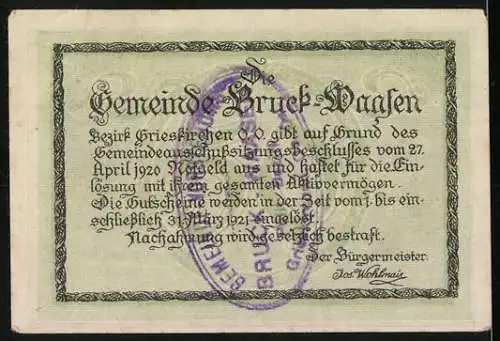 Notgeld Bruck-Waasen 1920, 50 Heller, Stadtansicht mit Burg und Fluss, violetter Stempel