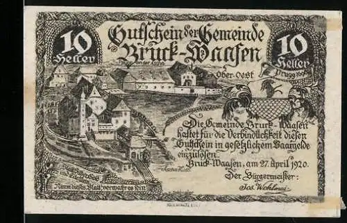 Notgeld Bruck-Waasen 1920, 10 Heller, Stadtansicht mit Brücke und Fluss, Signatur des Bürgermeisters