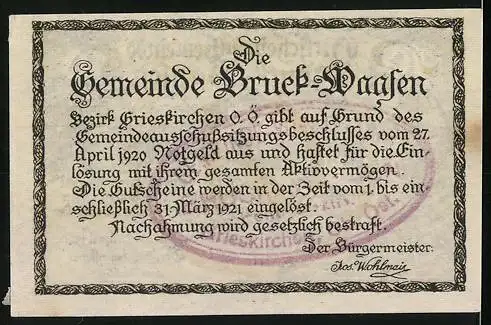 Notgeld Bruck-Waasen 1920, 10 Heller, Stadtansicht mit Brücke und Fluss, Signatur des Bürgermeisters