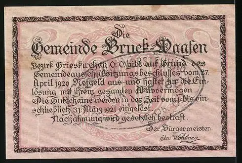 Notgeld Bruck-Waasen 1920, 20 Heller, Stadtansicht mit Brücke und Fluss