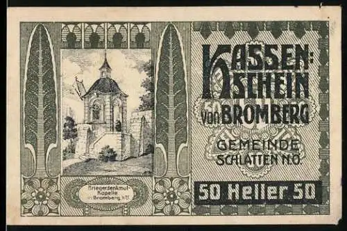 Notgeld Bromberg 1920, 50 Heller, Kapelle-Motiv im Jugendstil, Gemeinde Schlatt, Wiener Neustadt