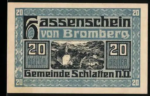 Notgeld Bromberg 1920, 20 Heller, Dorfansicht von Gemeinde Schlatten