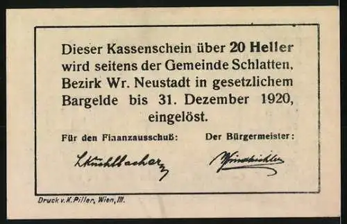 Notgeld Bromberg 1920, 20 Heller, Dorfansicht von Gemeinde Schlatten