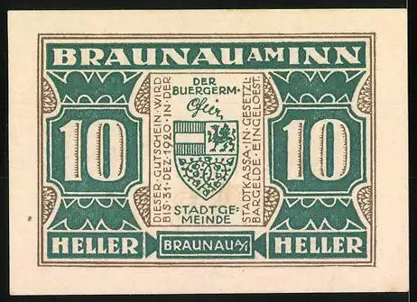 Notgeld Braunau am Inn, 10 Heller, Ratsherr Steininger 1567, Stadtwappen