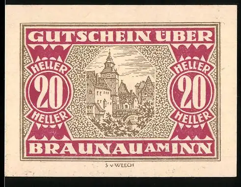 Notgeld Braunau am Inn 1920, 20 Heller, Stadtansicht und Wappen