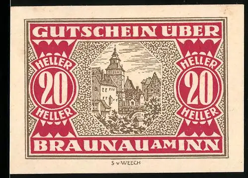 Notgeld Braunau am Inn 1920, 20 Heller, Stadtansicht und Wappen