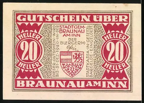 Notgeld Braunau am Inn 1920, 20 Heller, Stadtansicht und Wappen