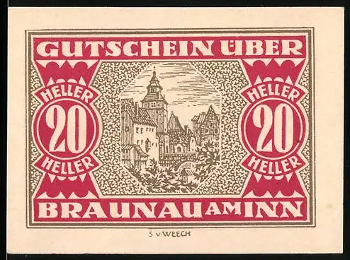 Notgeld Braunau am Inn 1920, 20 Heller, Stadtansicht und Wappen, rot-goldenes Design