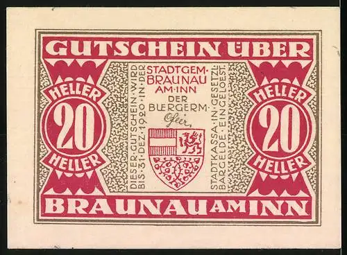 Notgeld Braunau am Inn 1920, 20 Heller, Stadtansicht und Wappen, rot-goldenes Design