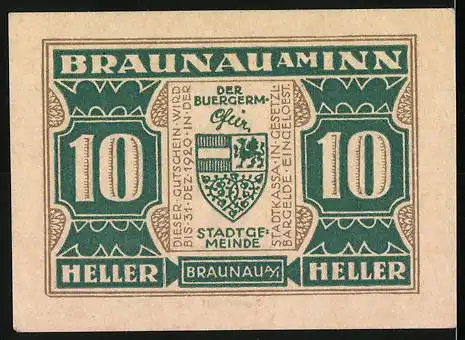 Notgeld Braunau am Inn, 10 Heller, Ratsherr Steininger 1567, Stadtwappen